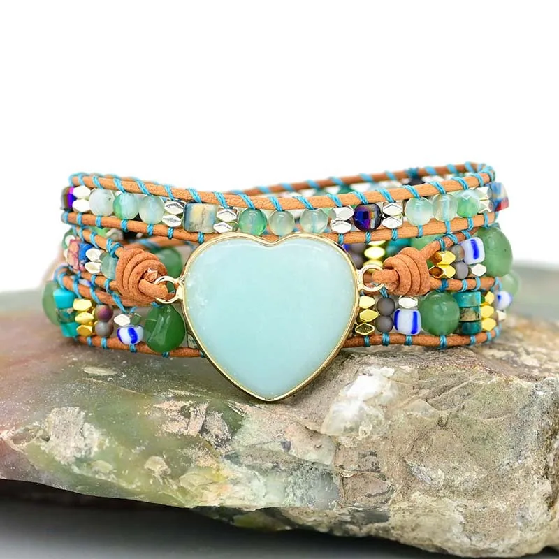 

Зеленый Натуральный камень любви Ручной многослойный кожаный браслет в богемном стиле влюбленных с глубоким v-образным вырезом декольте, с...