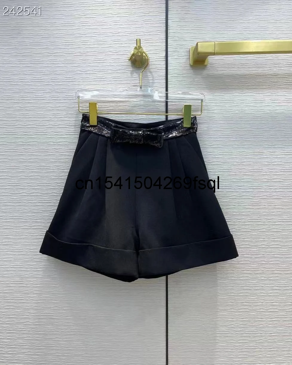 

Женские мини-шорты с завышенной талией, повседневные однотонные черные шорты с блестками и воротником-бантом в уличном стиле, Новинка осени...