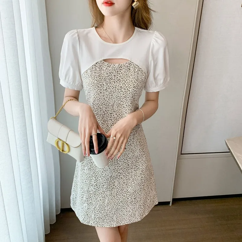

New 2021 Summer Fashion Vintage Patchwork A-Line Dresses Women Elegant Short Sleeve Leopard Clothes Female Casual Print Dress