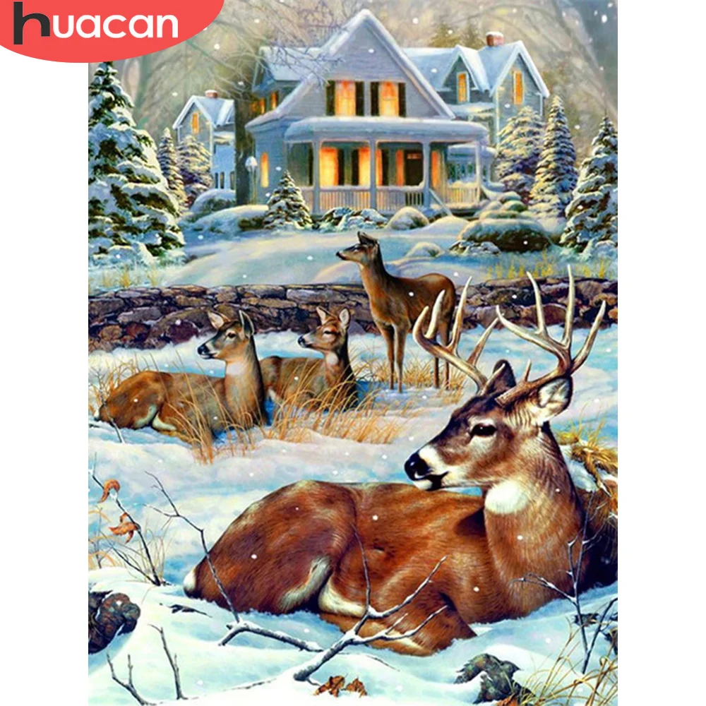 

HUACAN Deer Diamond Painting Animal 5D DIY Diamond Embroidery Winter House Mosaic Rhinestones Picture Wall Decor