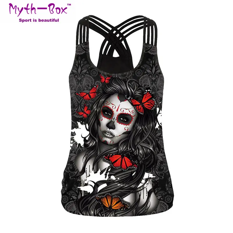 

Summer Women Sport Vest Butterfly Print Female Slim Yoga Shirts Running Vest Fitness T-shirts Gym Sun-Top Cross Halter Tank Tops