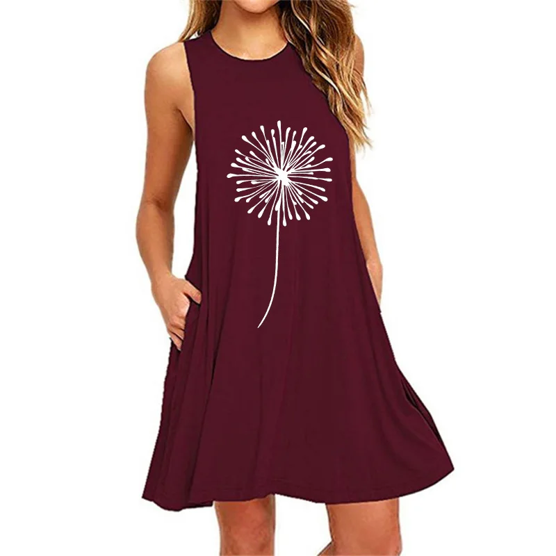 

6XL Large Size Women Summer Dresses Casual Dandelion Print Pocket Dress Ladies Fashion Sleeveless O-Neck A-Line Loose Tank Dress