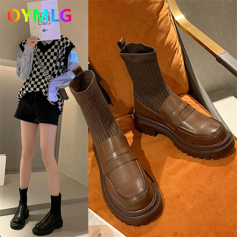 Martin boots women's popular autumn new net red round head thick heel retro casual short boots socks boots