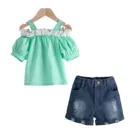 Oyolan девушка Комплекты одежды Летнее Детское платье с открытыми плечами, футболка + кружевные джинсовые шорты, штаны, комплект из 2 предметов, Набор детских нарядов для детей возрастом 4, 5, 6, 8 лет