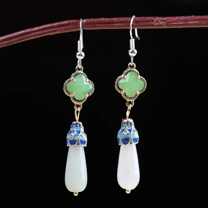 

Hanfu Earrings Chinese Traditional Azure Stone Cloisonne Drop Earrings Luxury Colored Glaze Dangle Earrings for Daily Wearing