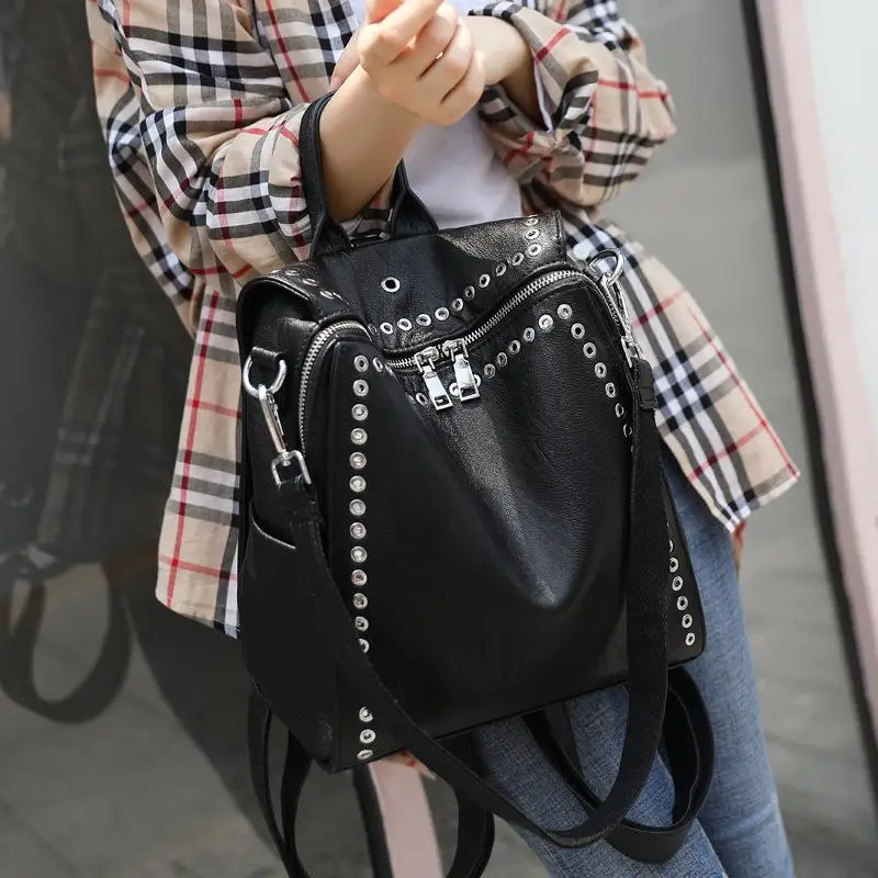 

Volasss 2021 New Fashion Rivet Backpack School Bags For Teenage Girls High Quality Leather Backpack Leisure All-match Women Bag