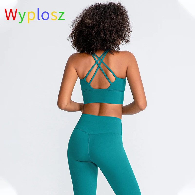 Wyplosz Naked-feel Fabric Shockproof Cross Straps Running Gym Sport Bras Women Widen Hem Push Up Workout Fitness Yoga Crop Top