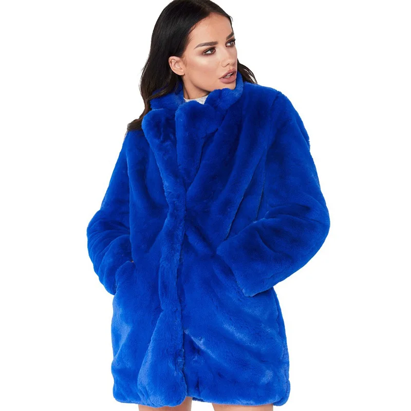 Женское пушистое пальто с карманами Элегантное зимнее теплое меховое мягкое