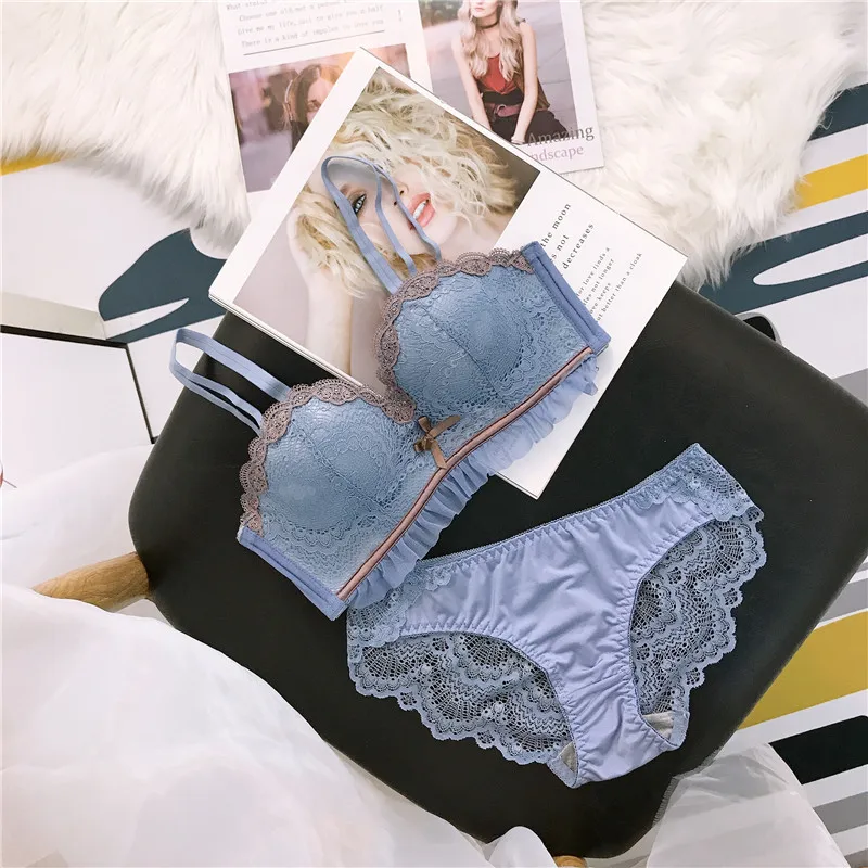 

Roseheart Women Blue Green Bow Sexy Lingerie Set Wireless Lace Cotton Luxury Panties Padded Bras Push Up Bra Sets Underwear A B