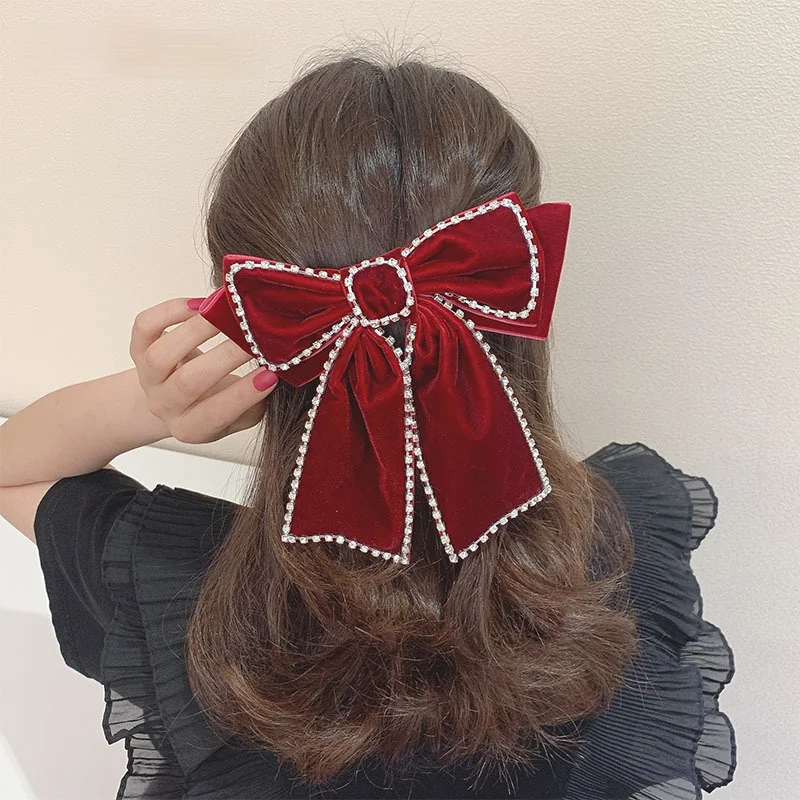 

Elegant fabric ribbon velvet bow hairpin 2021 new shiny rhinestone chain hairpin spring buckle ladies hair accessories