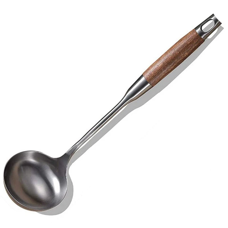 

Long Soup Ladle, 304 Stainless Steel Large Kitchen Soup Spoon Ladle with Pear Flower Wood Handle