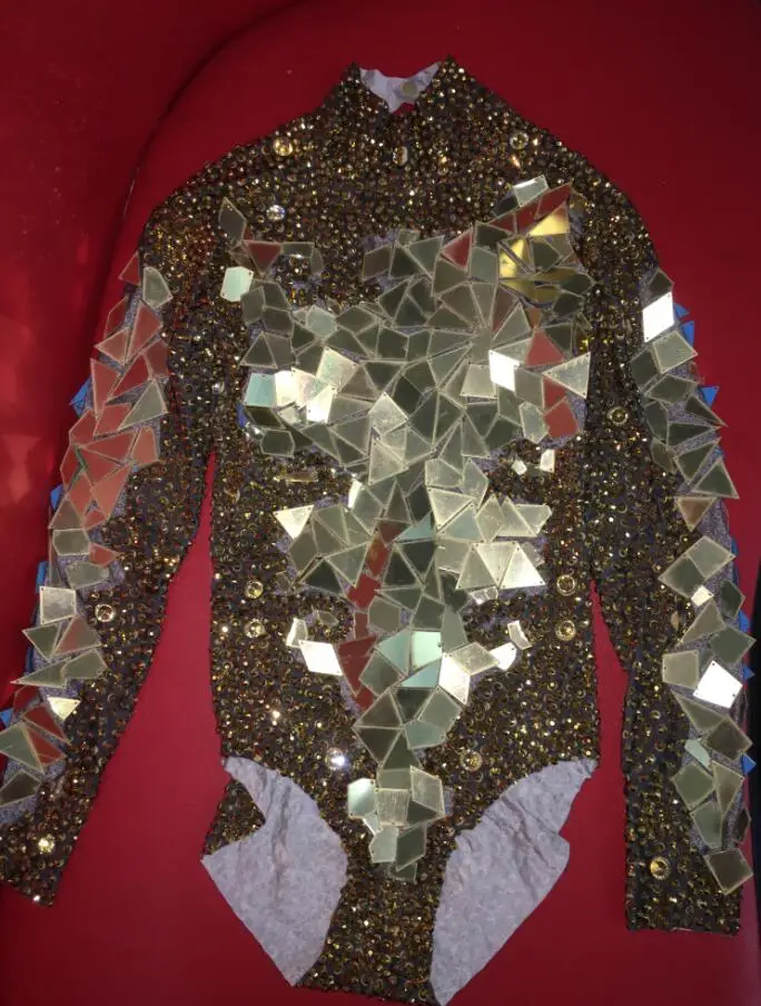 Gold Rhinestones Flashing Mirrors Bodysuit Women's Birthday Prom Celebrate Outfit Evening DJ Women Dance Show Sexy Clothes