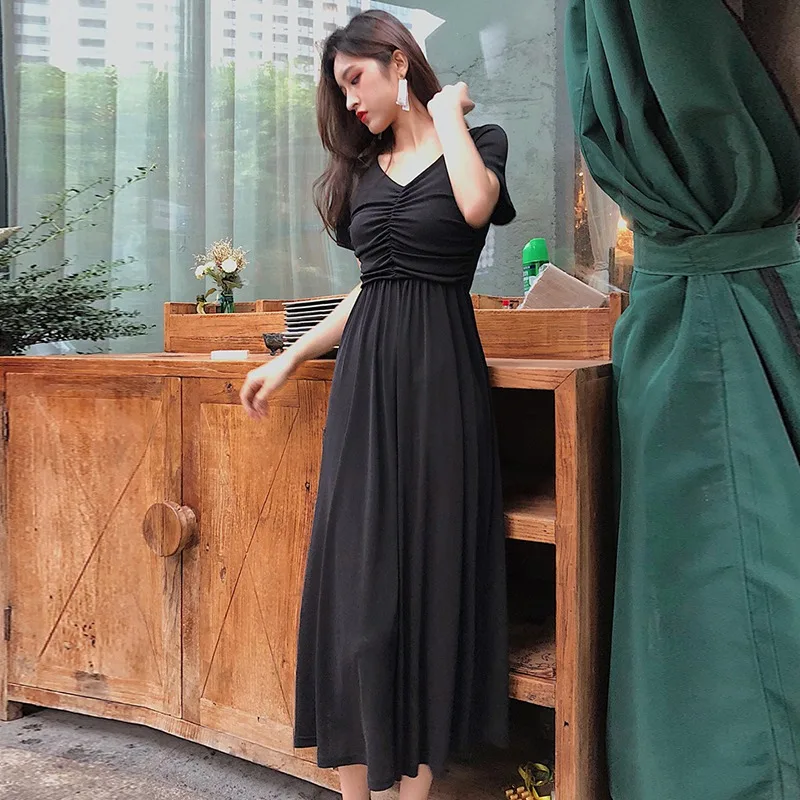 

Women Mid-Calf Dress Ladies Korean Style V-Neck Short Sleeve Dress Solid Casual A-Line Ruched Dress