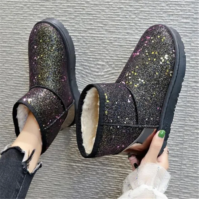 

Sequined snow boots women winter new fashion fur short boots sweet plus velvet warm womens cotton shoes woman boots