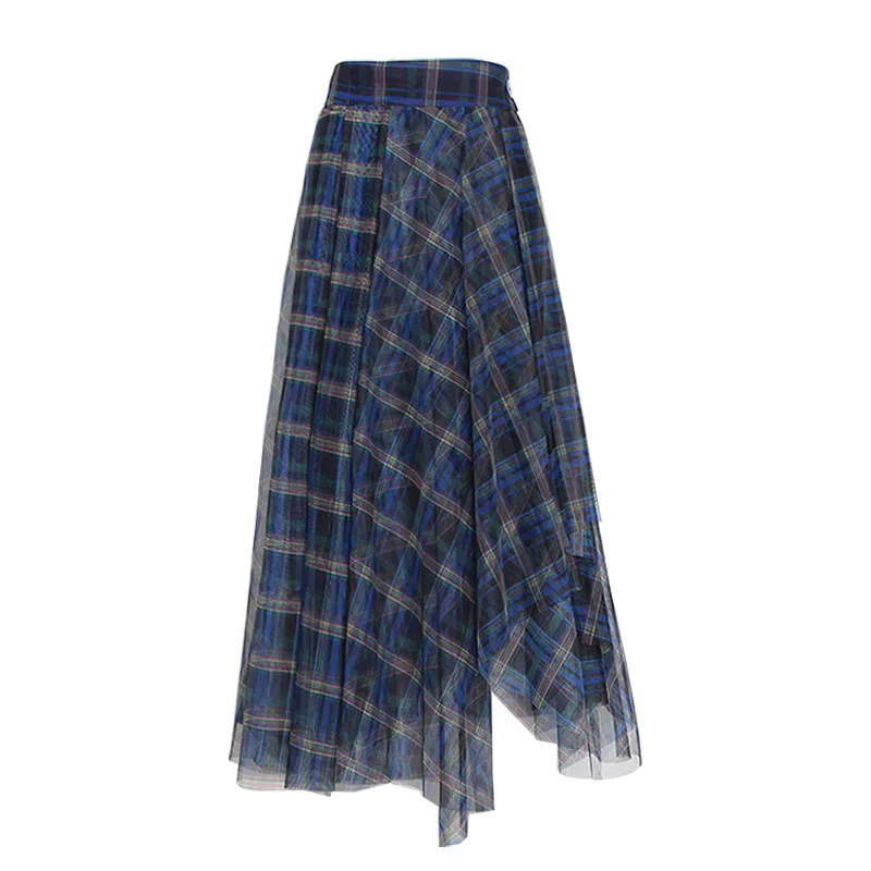 

Korean plaid skirt women's 21 new autumn high waist slim irregular medium length A-line mesh skirt