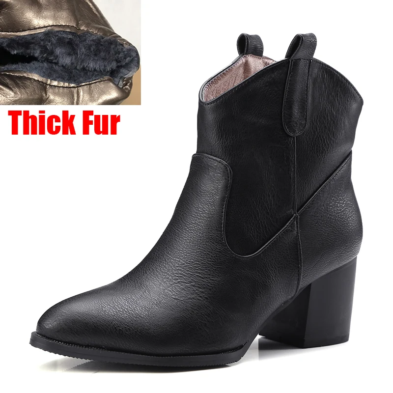 black thick fur SARAIRIS/ботинки размера плюс; большие размеры 32-48; Цвета: черный острый носок; женские зимние ботильоны в стиле "Вестерн" Для женщин женская обувь на высоком каблуке - Цвет: black thick fur