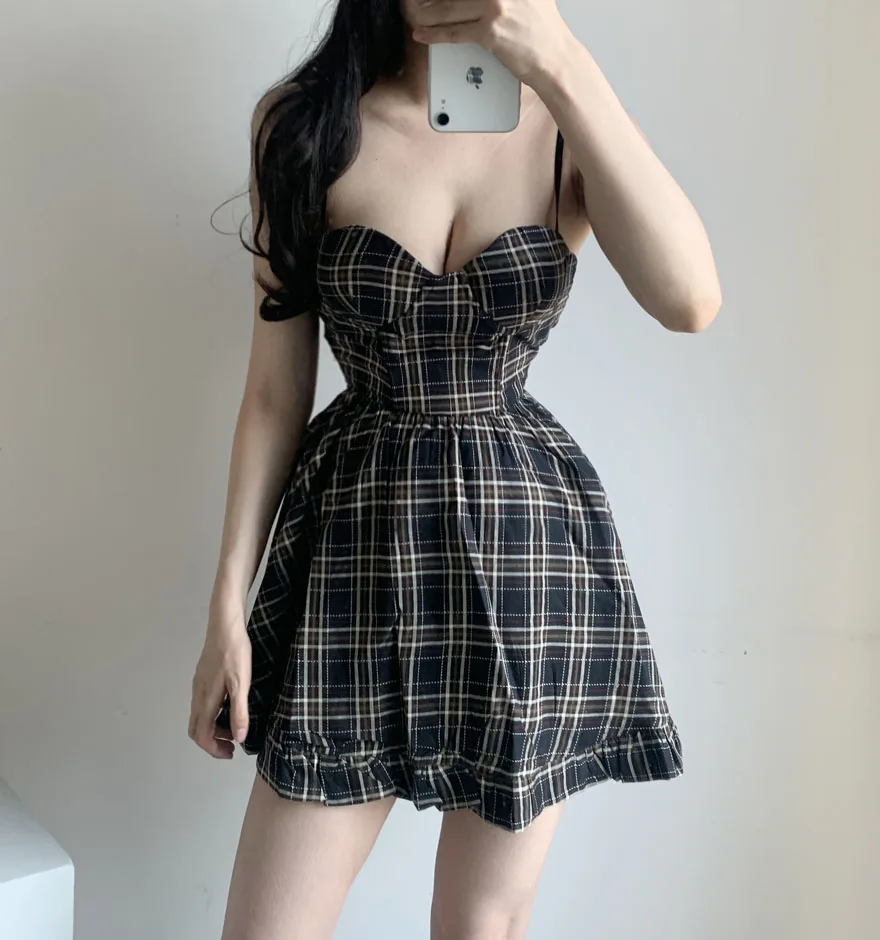 

Sexy Girl Female E Girl Spaghetti Strap Dress 2021 Summer Women Harajuku Retro Club Party Sleeveless Plaid Vintage Mini Dresses