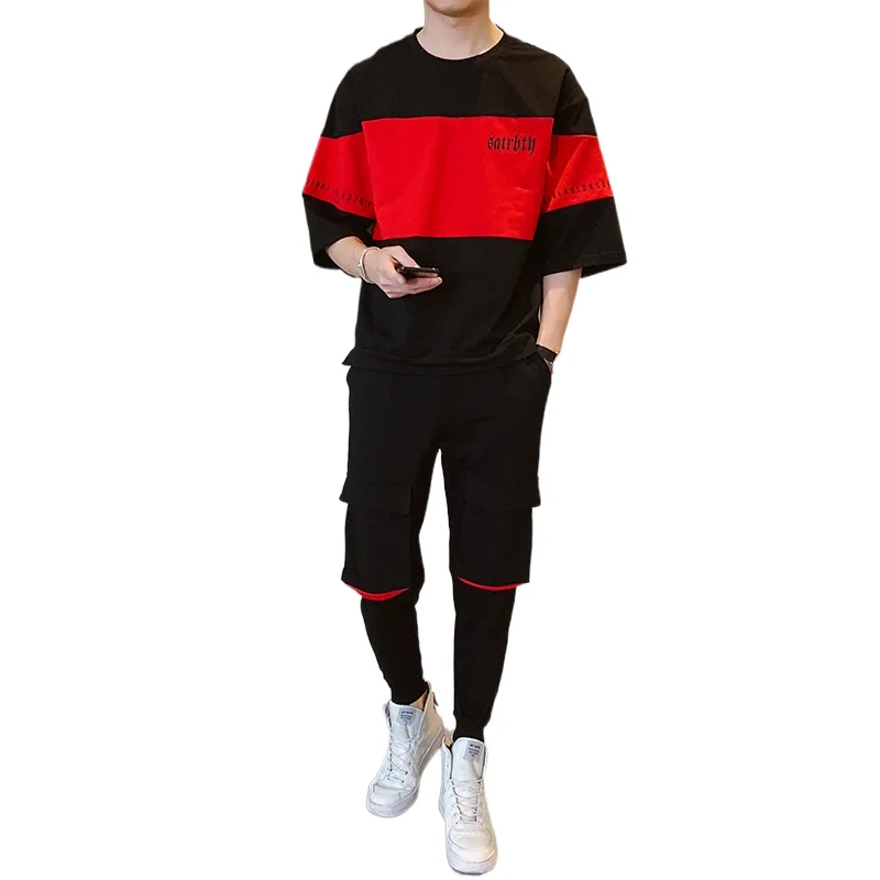 

Spring and Summer Short-sleeved T-shirt Set MenVersion Loose Hip-hop Five-sleeve Trend of Young Students Mens T Shirts