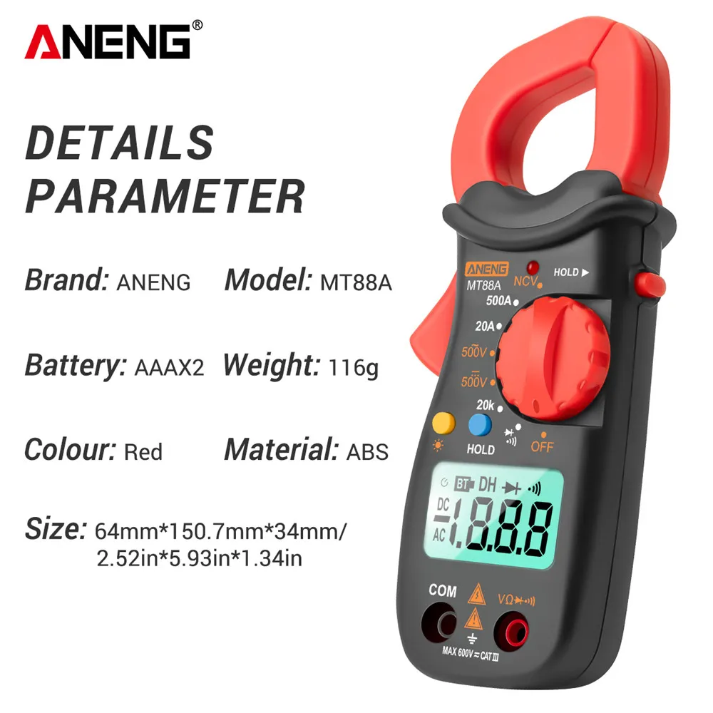 

MT88A Digital Clamp Meter Multimeter DC/AC Voltage AC Current Tester Frequency Capacitance NCV Test ANENG