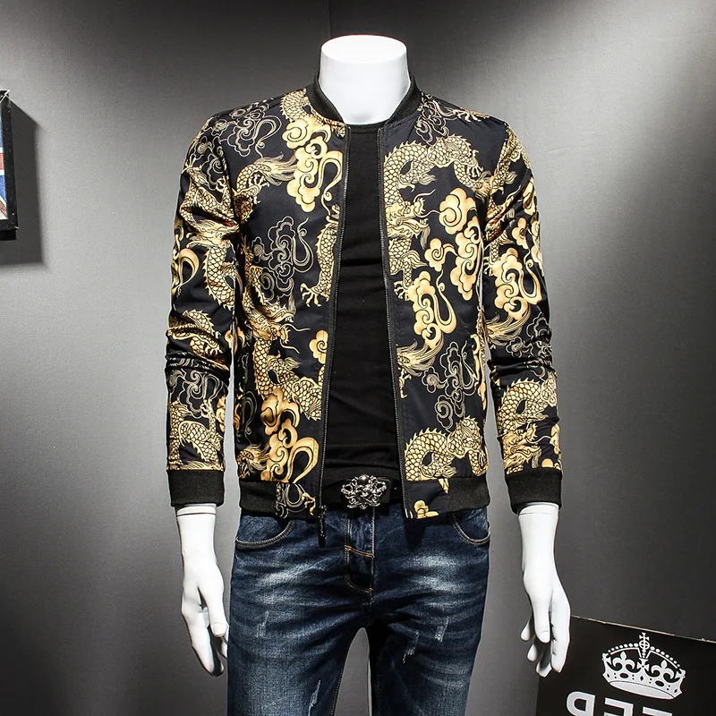 Dragon Gold Print Spring Autumn Hip Hop Fashion Prom Party Club Outfit Vintage Jacket Men Bomber Oversize 5xl