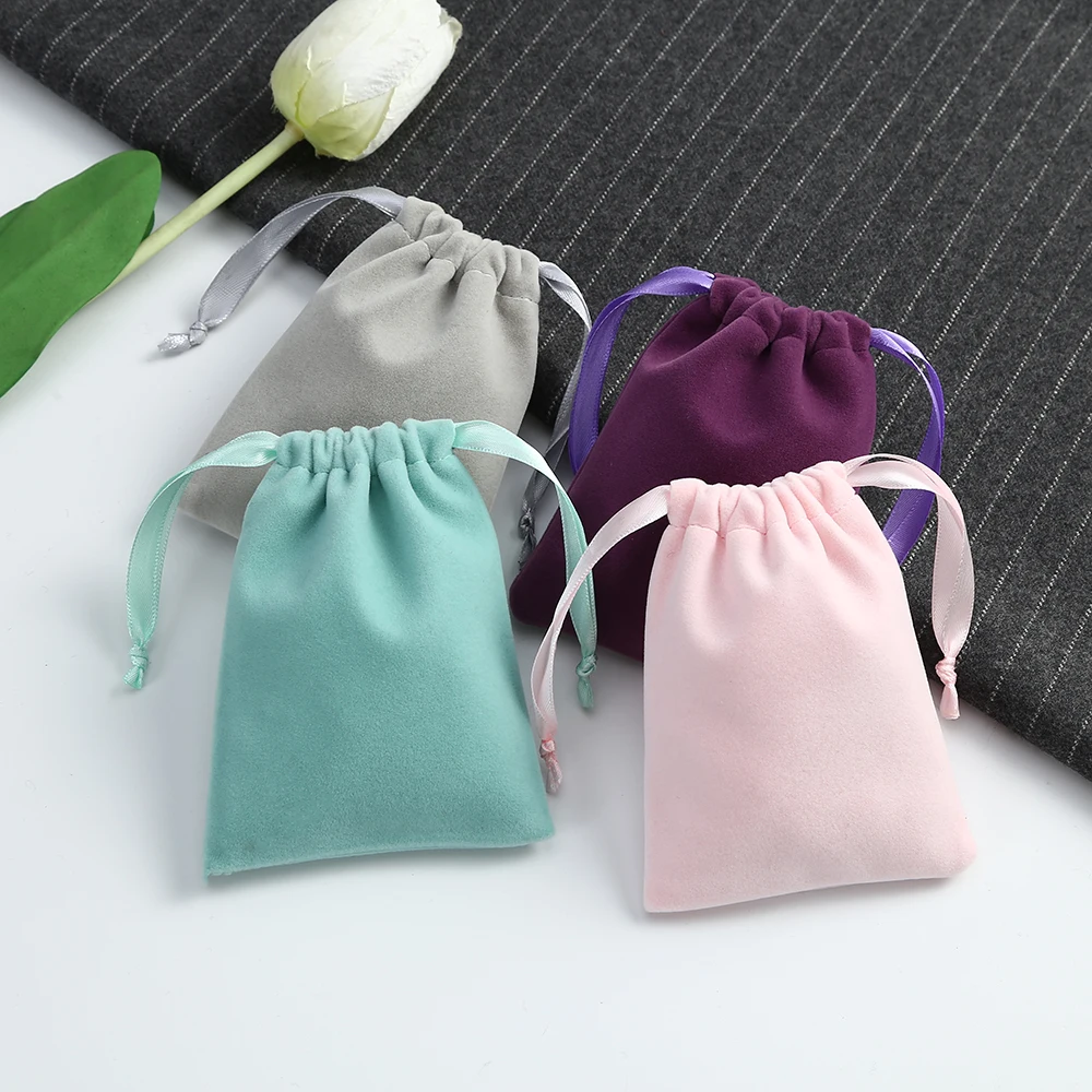 Velvet Jewelry Drawstring Bag with Silk for Wedding Party Candy Jewelry Organizer Gift Pouches Earring Bracelets Packaging Pink