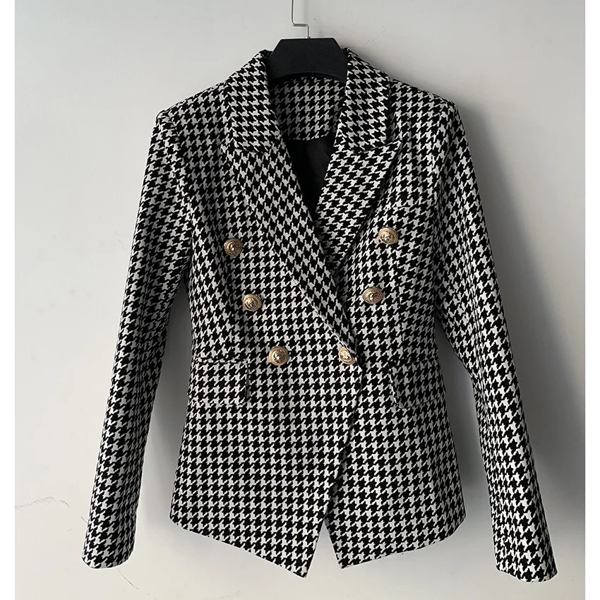 

HIGH QUALITY New Fashion 2021 Designer Blazer Women's Long Sleeve Metal Lion Buttons Houndstooth Print Blazer Jacket