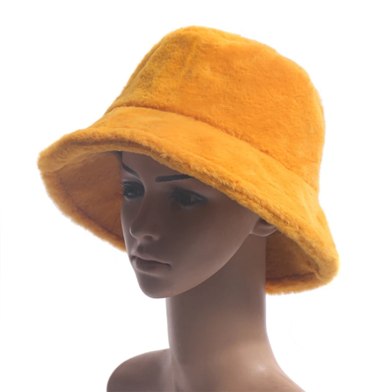 Women Winter Fuzzy Plush Bucket Hat Ear Warmer Round Top Windproof Fisherman Cap