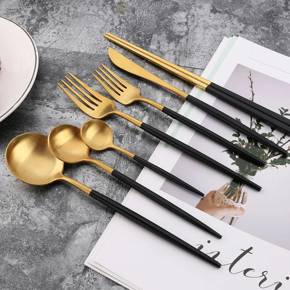 

Black Gold Cutlery Set Western 18/10 Stainless Steel Tableware Home Spoon Fork Knife Chopsticks Kit Dinnerware Sets Tableware