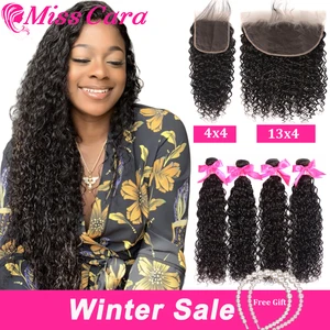 Перуанские волнистые пряди с фронтальным Miss Cara Remy, человеческие волосы, 34 пряди с закрытием, кружевные фронтальные волосы с пряди