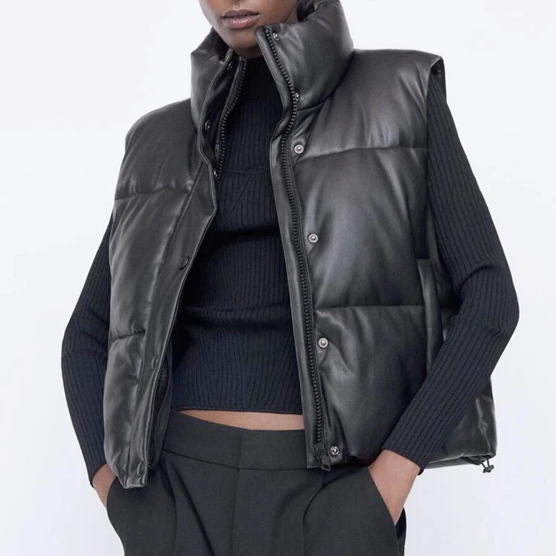 

2021 women Black Warm Faux Leather Vest Coat Casual Zipper Sleeveless Jacket Female Short Cotton Outwear Free Shipping