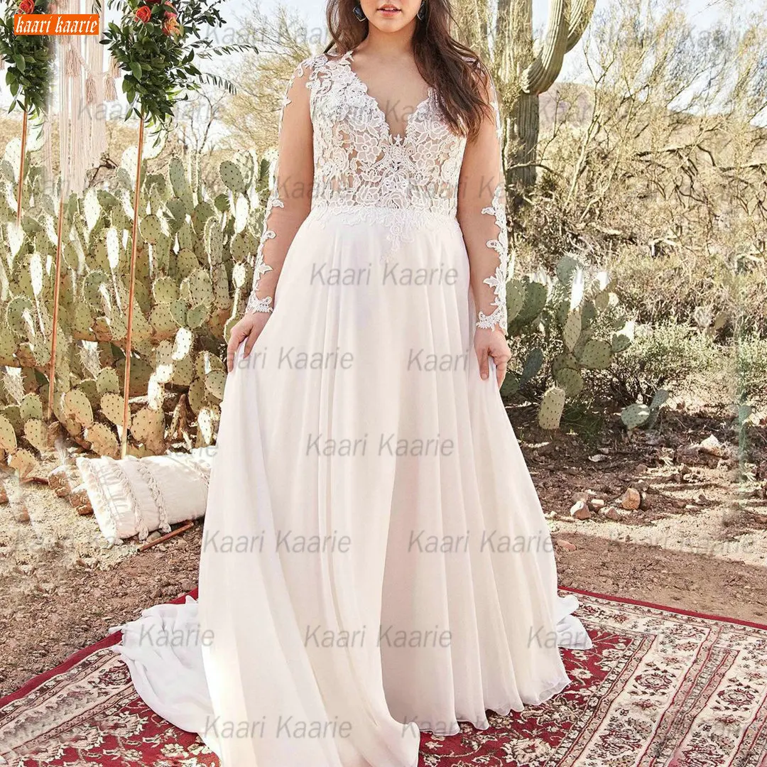 

Boho Long Sleeves Wedding Gowns V Neck 2021 Ivory Robe De MariÃ©e Rural Country Chiffon A Line Bride Dresses Women Hochzeitskleid