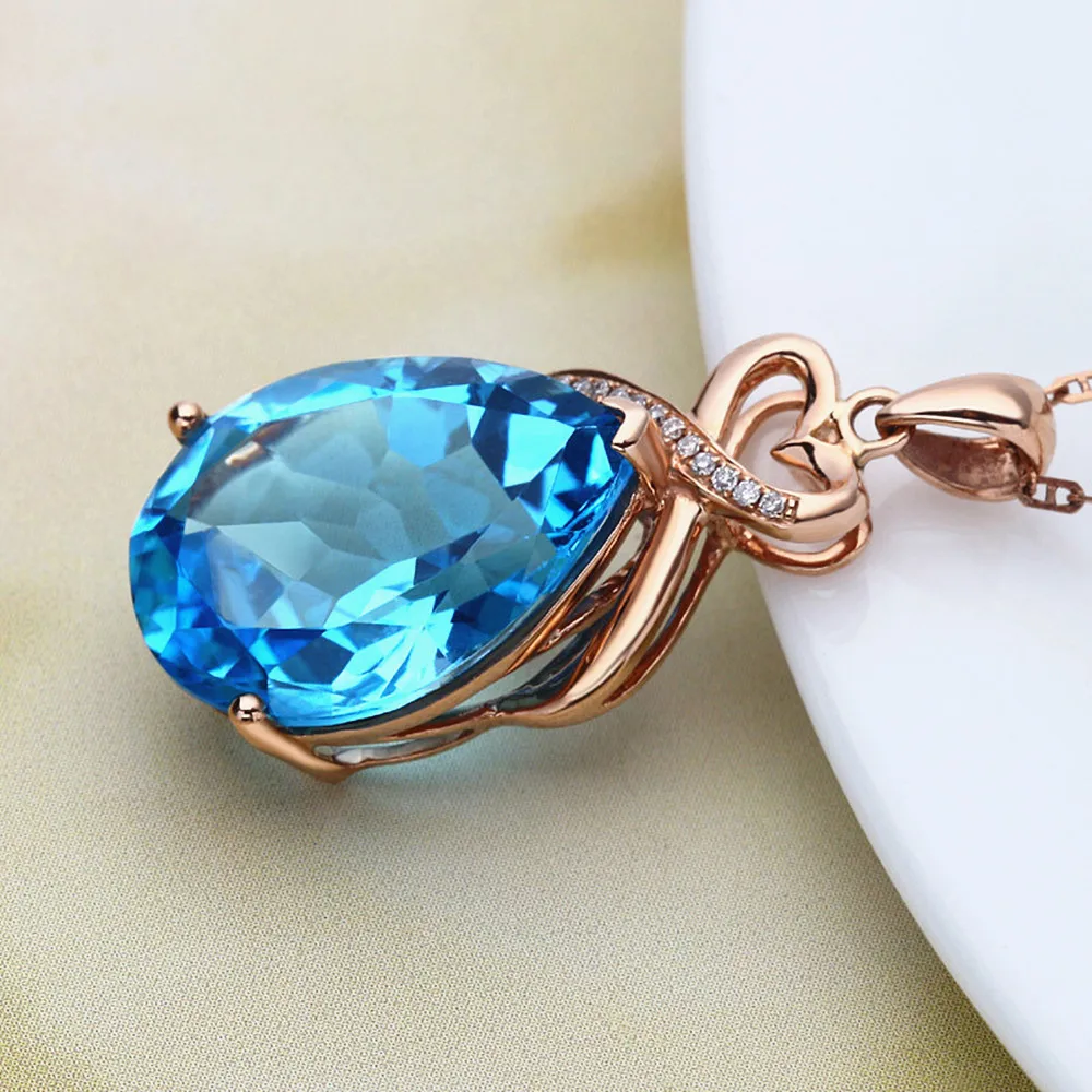 

Luxury 5 Carats Aquamarine Blue Crystal Topaz Gemstones Diamonds Pendant Necklaces For Women 18k Rose Gold Choker Chain Jewelry