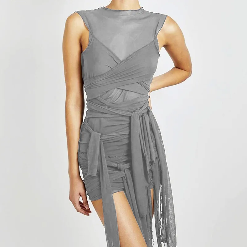 

Chic See-Through Multilayer Cloth Circle Bodycon Dress Women Personality Mesh Streetwear 2021 Club Activity Wild Clothes
