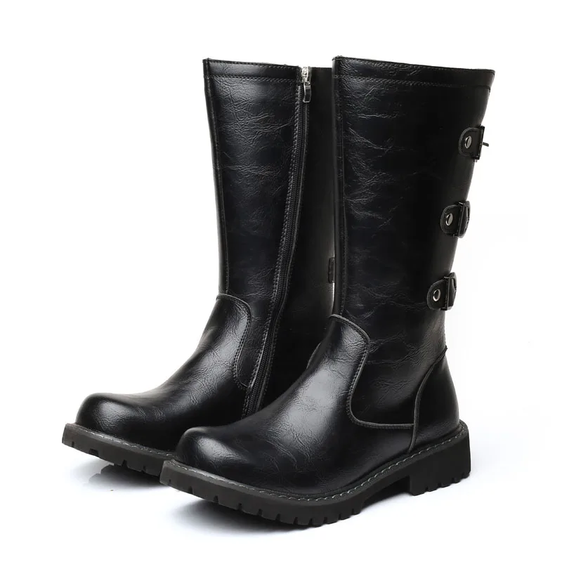 Черные ботинки на молнии Зимняя мужская обувь мотоциклетные с круглым носком и