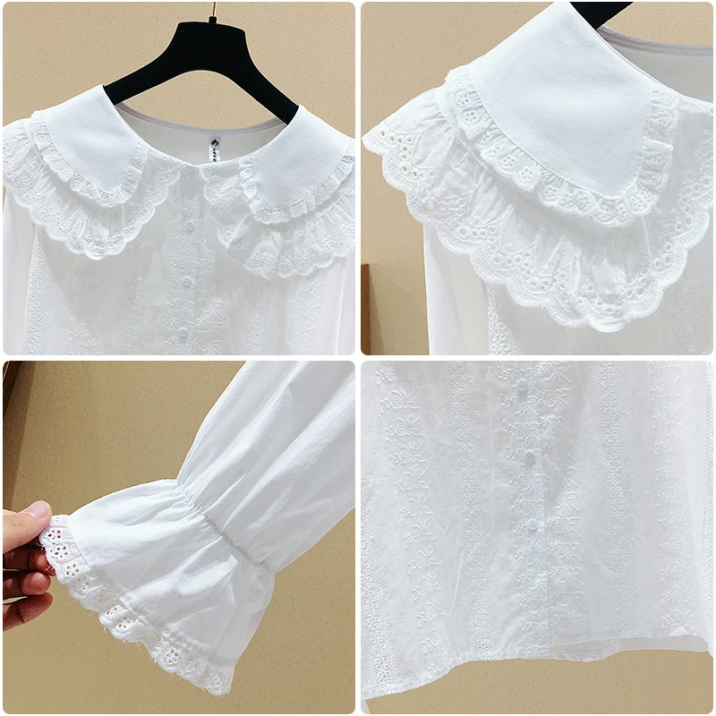 

Sweet Cute Peter Pan Collar Single Breasted Flare Sleeve Shirt Spring New Solid Women Blouses