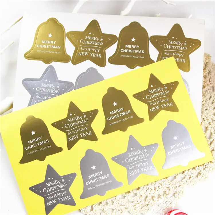 

80Pcs 10Sheets Golden Silver Merry Christmas Star Jingle Bell Packaging Sealing Label Kraft Sticker Baking DIY Gift Stickers