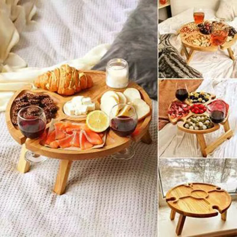 

30*24 Cm Wooden Outdoor Portable Folding Camping Picnic Table with Glass Rack Wine Rack Table Travel Foldable Fruit Table