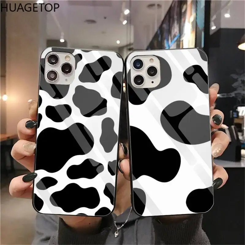 

Cow Print Black White Luxury Phone Case Tempered Glass For iPhone 11 Pro XR XS MAX 8 X 7 6S 6 Plus SE 2020 case