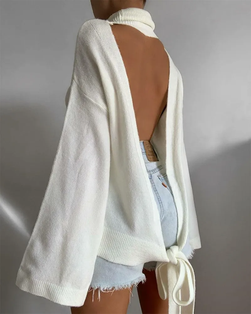 

MKD LUFI Tied Detail Sexy Backless Drop Shoulder Sweater Tops Women