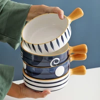 japanese qingyao single handle bowl ceramic hand bowl baking baking bowl net red handle noodle bowl home breakfast bowl salad bo