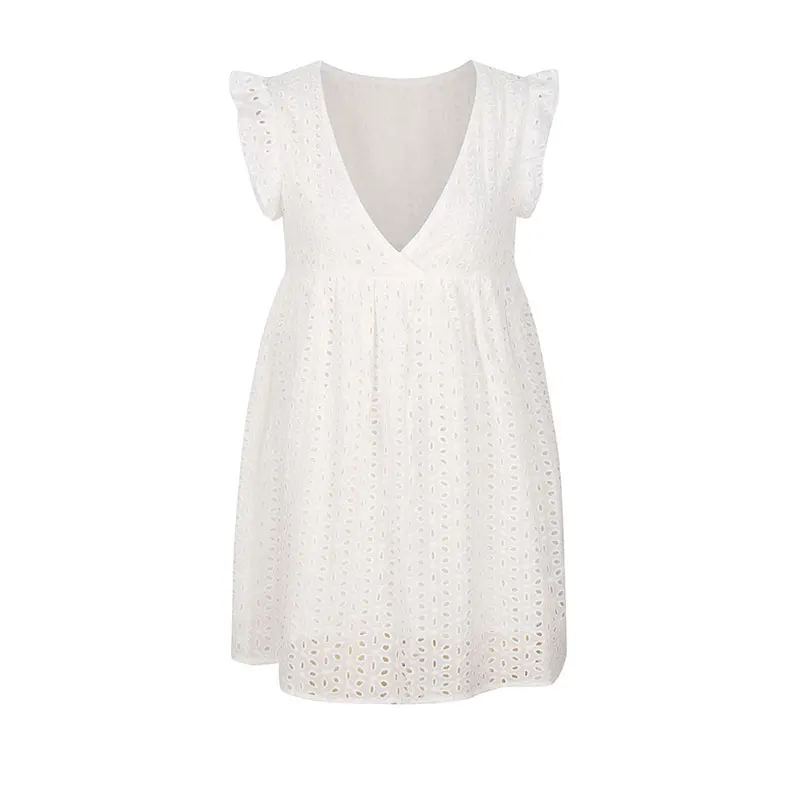 

KNOYEER Cotton White Hollow Out Short Dress Women Vintage Lace V Neck Casual Loose Butterfly Sleeve Summer Mini Dresses Party