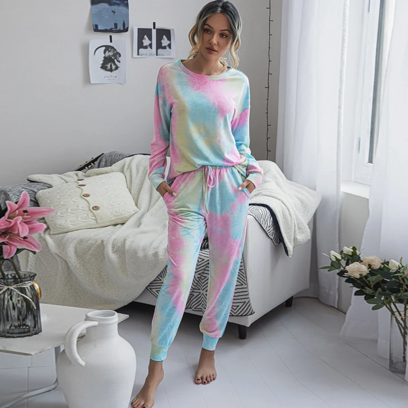 

2020 Autumn Women Tie-dye Long Sleeve Home Wear Pajama Nightwear Top and Pants Outfits Tie dye Clothes Suits
