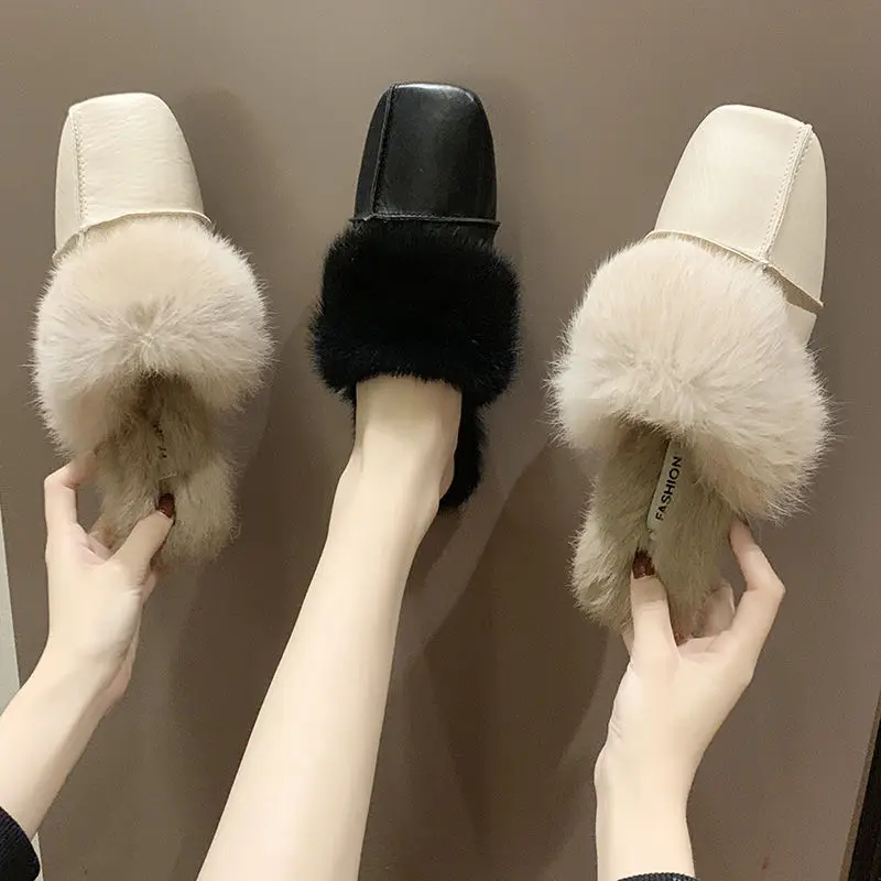 

2020 New Style Fishio Lazy Shoes Furry Slippers Women Wear Autumn and Winter Muller Shoes Flat Rabbit Fur Baotou Half Slippers