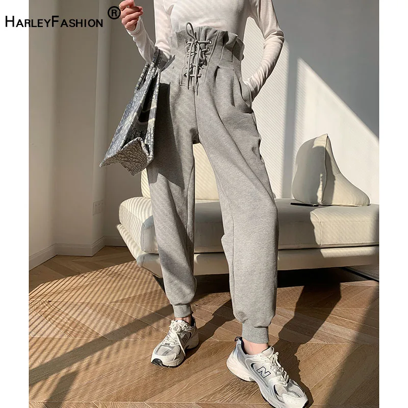 

HARLEYFASHION женские весенние Новые цветочные бутоны повседневные спортивные брюки женские модные с высокой талией шнурок светильник серые шар...