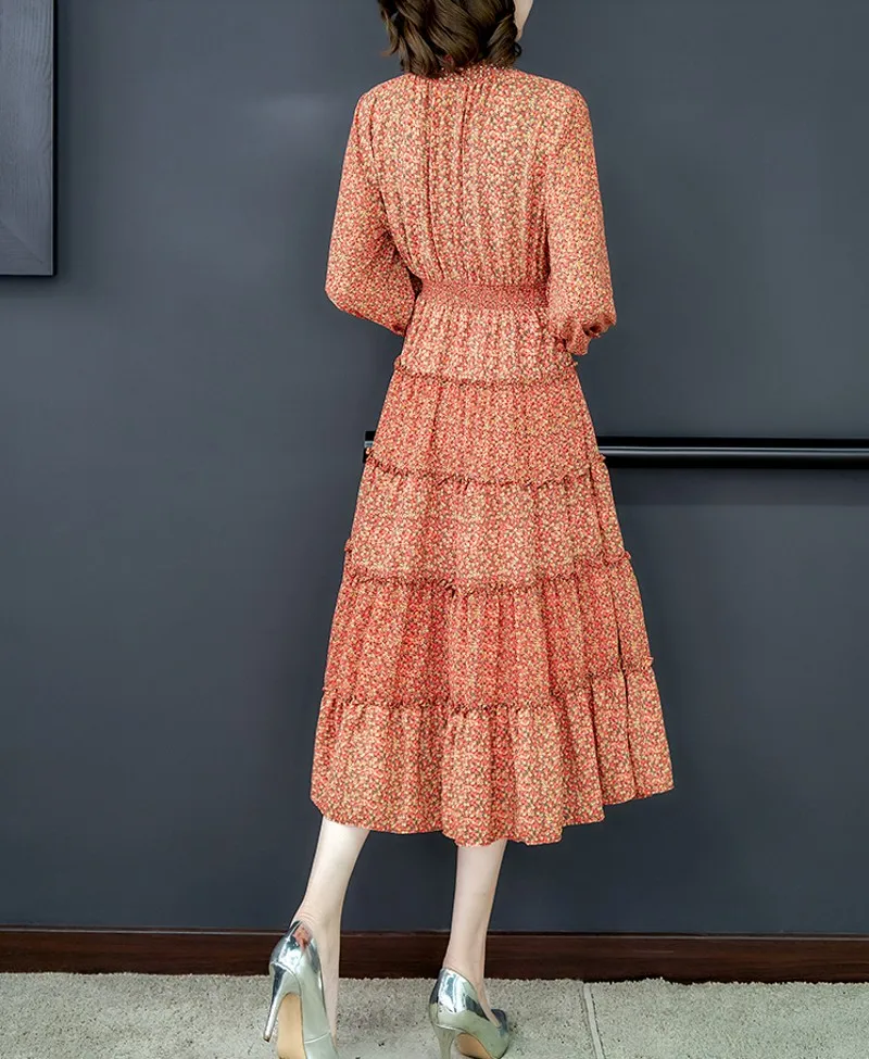 

2020 Spring Ruffles Long Dress Women Sexy O-Neck Floral Print Dresses Elegant Beach Trips Casual Vestido