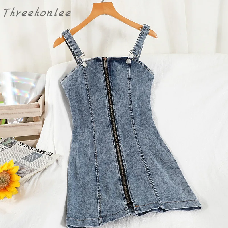 

High Quality Women New Chic Fashion Short Style Jeans Sundresses Sexy Zipper Sleeveless Spaghetti Strap Denim Camisole Dress