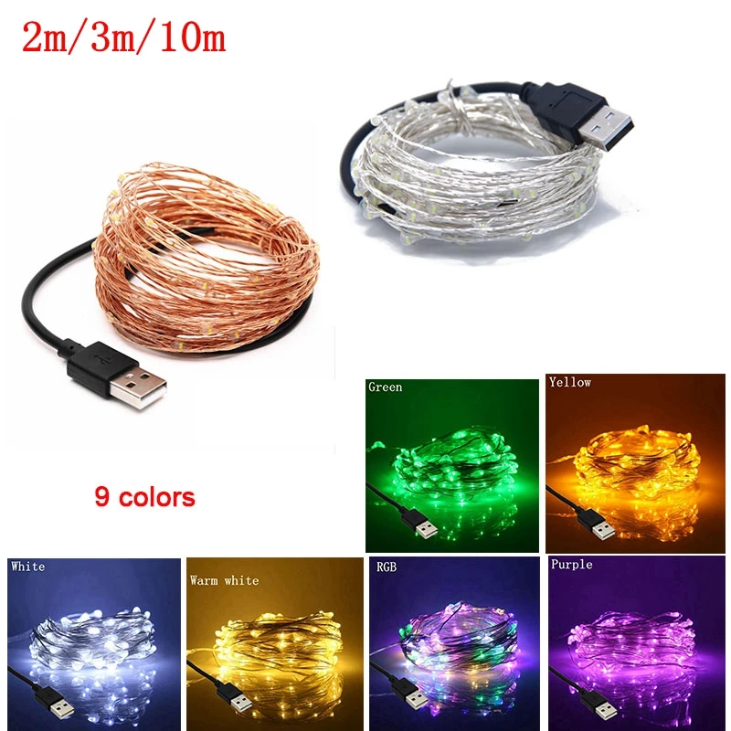 Светодиодные Серебристые/медные гирлянды 2 м/5 м/10 м USB 5 В рождественские