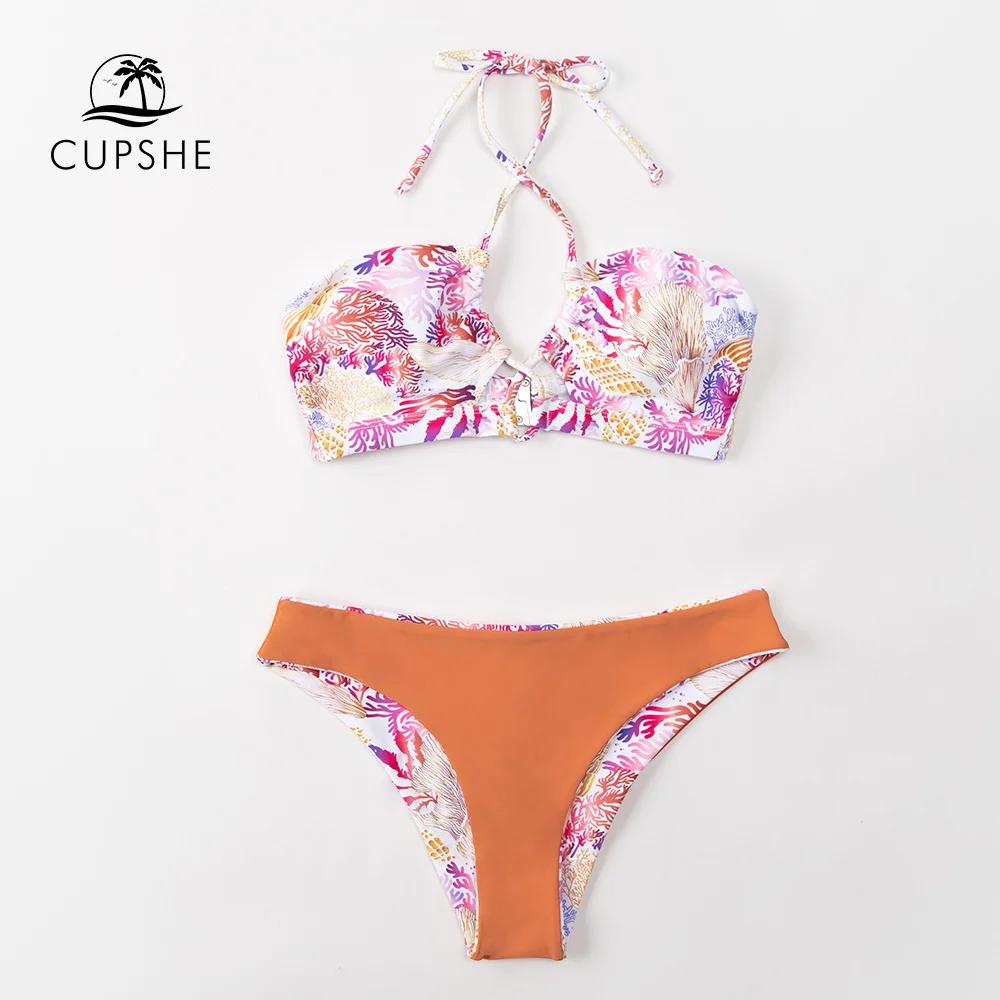 CUPSHE Coral Print Halter Low Waist Bikini Sets Swimsuit For Women Sexy Reversible Bottom Two Pieces Swimwear 2022 Bathing Suit | Спорт и