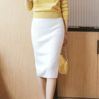new 2021 fuzzy knit split winter skirts womens high waist wrap hip elegant knee length skirt pink white ol bottoms