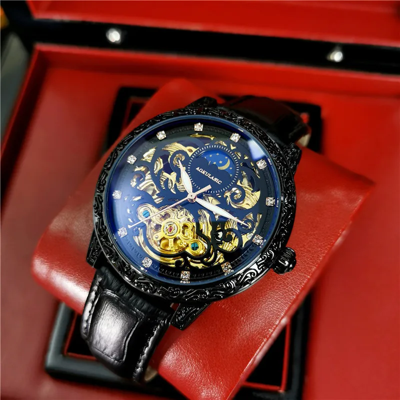 JOJOZ The new automatic mechanical watch hollow moon phase waterproof luminous watch male high-end leather butterfly buckle